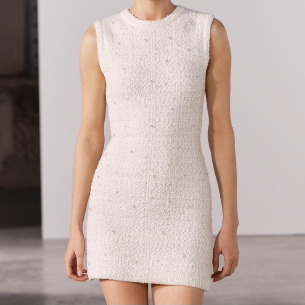Zara Pearl Trim Textured Dress Sz M